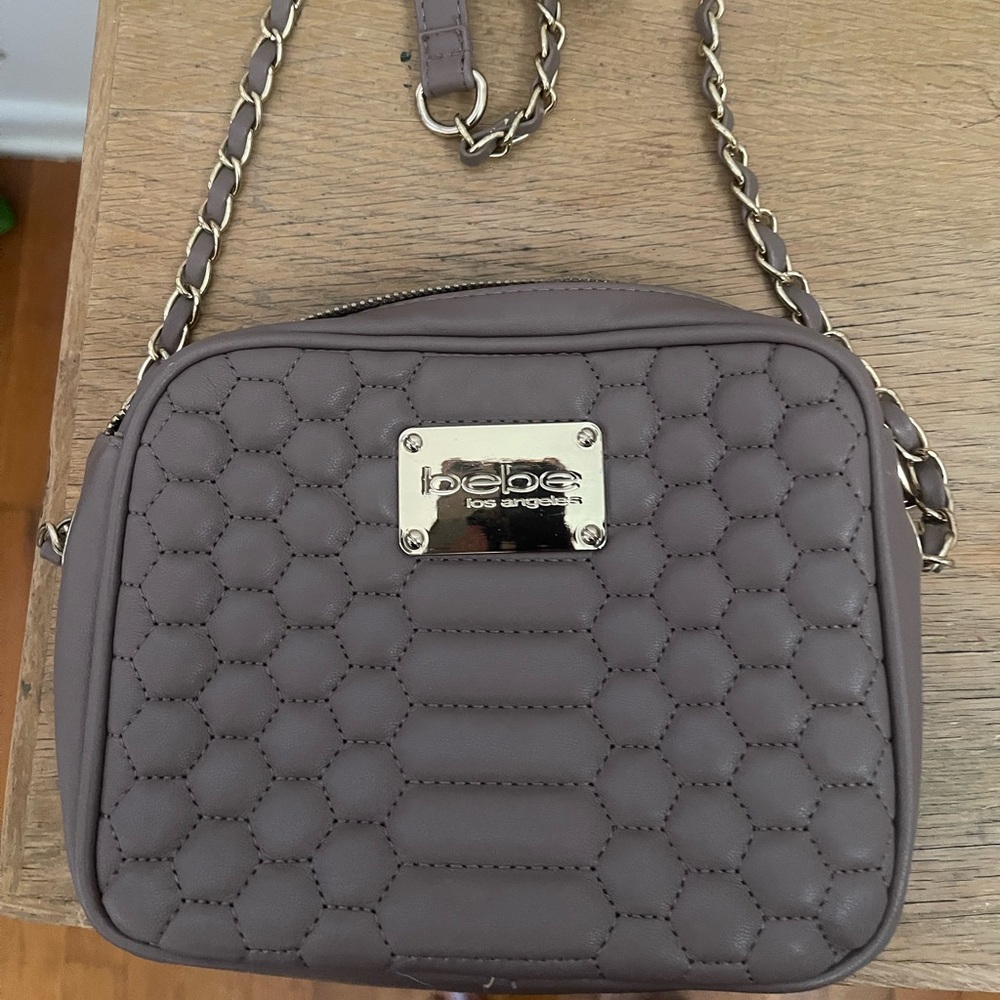 bebe Quilted Crossbody Bag in Taupe with Gold Plate